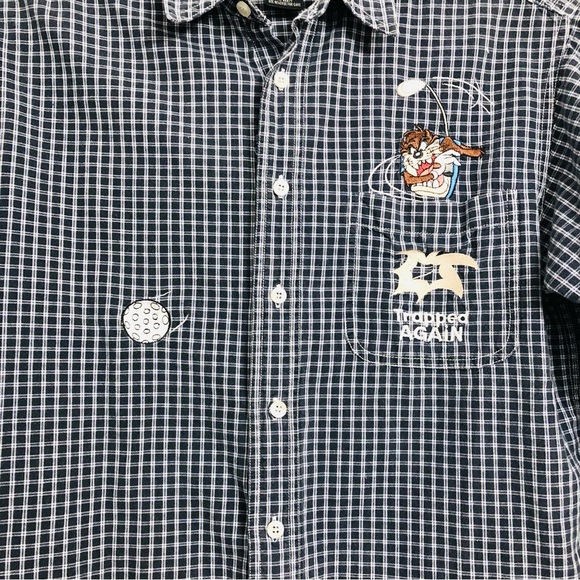 VTG 90s Warner Bros. Tazmanian Devil "Golf trapped again" Plaid Button Down S - Picture 2 of 5